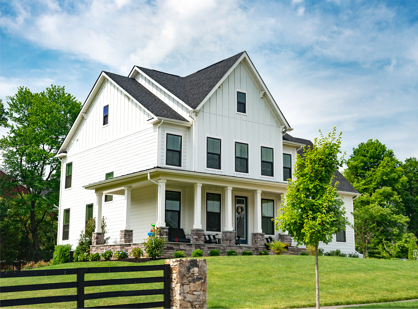Modern white house with green landscape