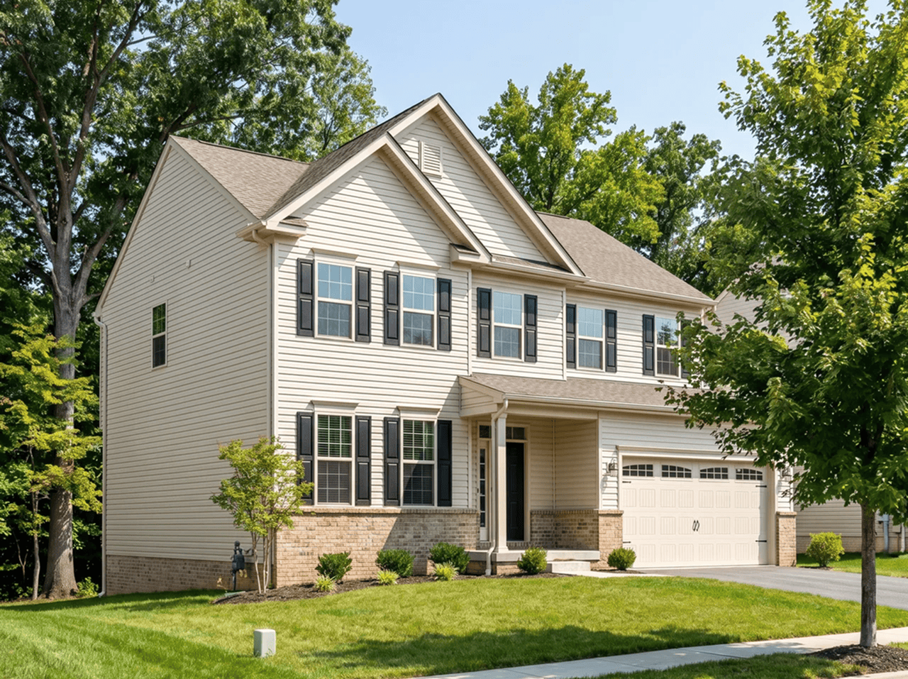 Modern suburban home with fresh exterior paint and landscaping. Beautiful suburban house with new siding, windows, and a well-maintained lawn.