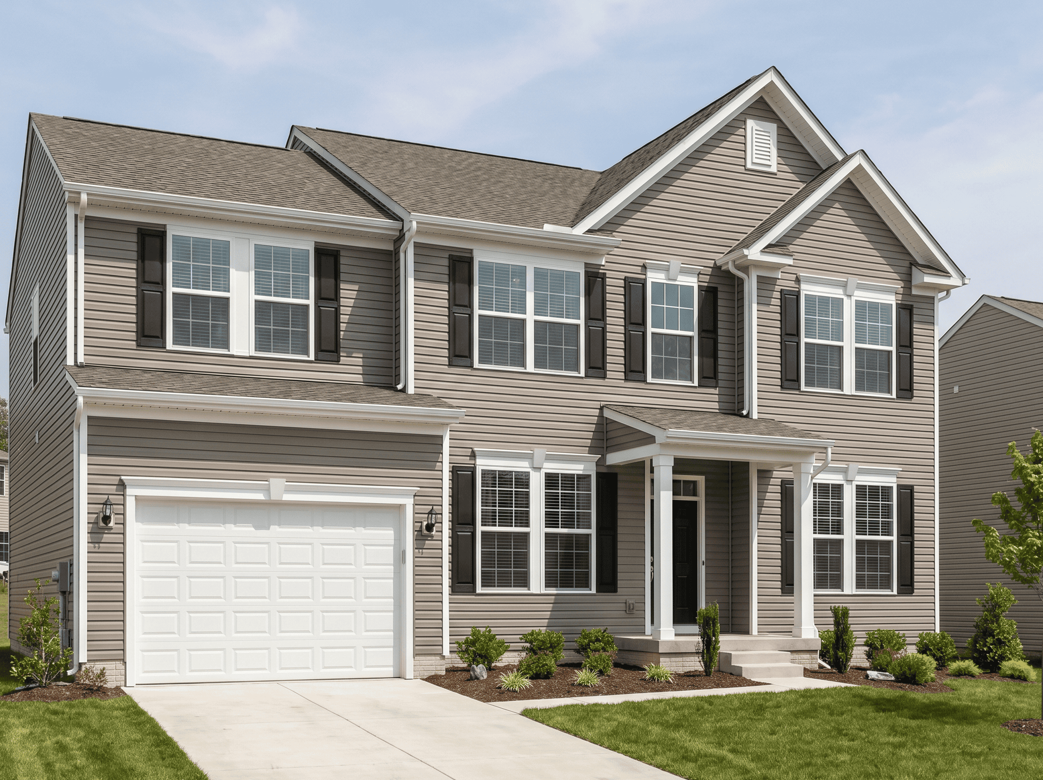 Beautiful two-story family home with gray siding, white trim, and a two-car garage.