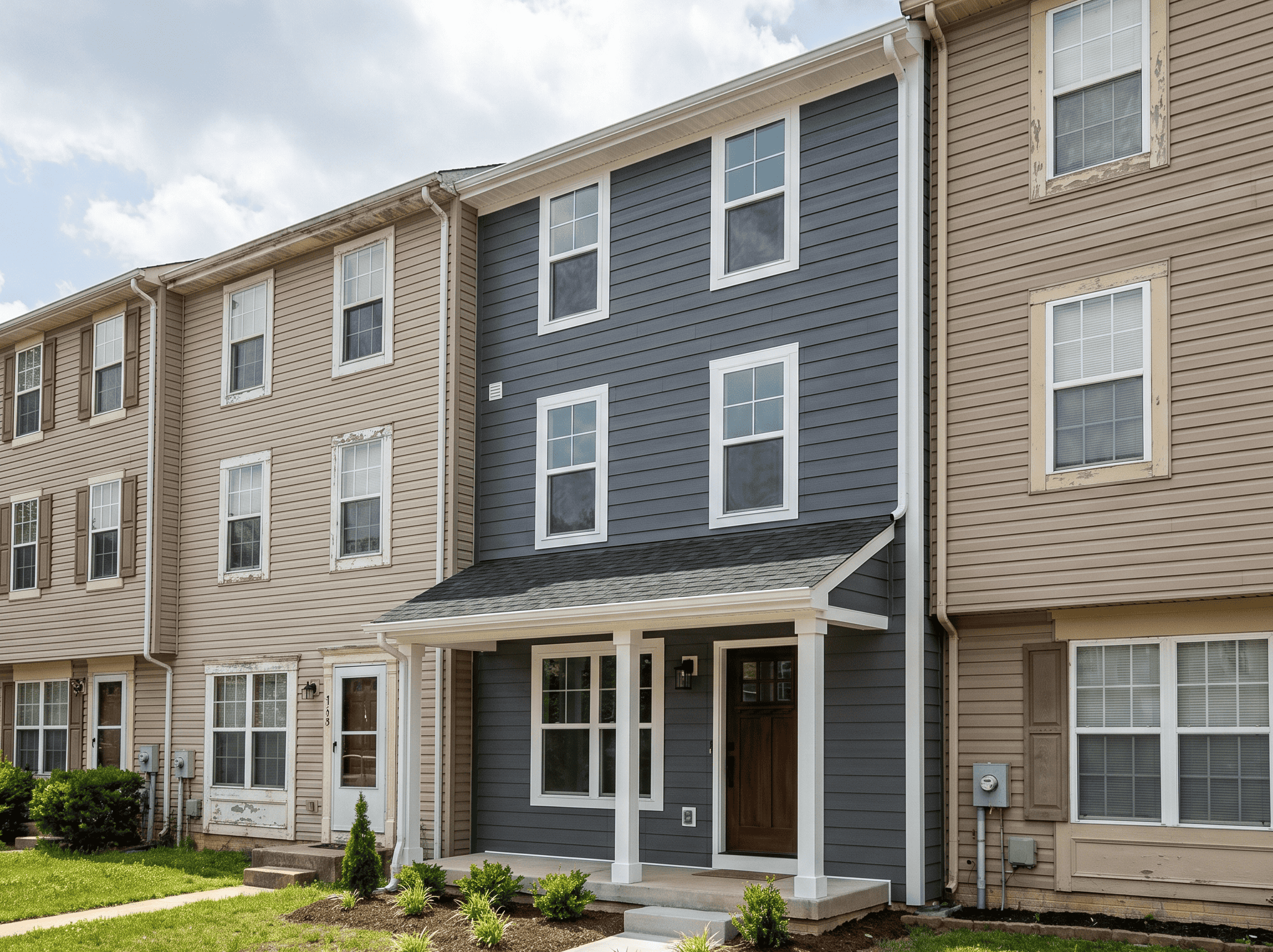 Bright blue townhouse with white trim and front porch.