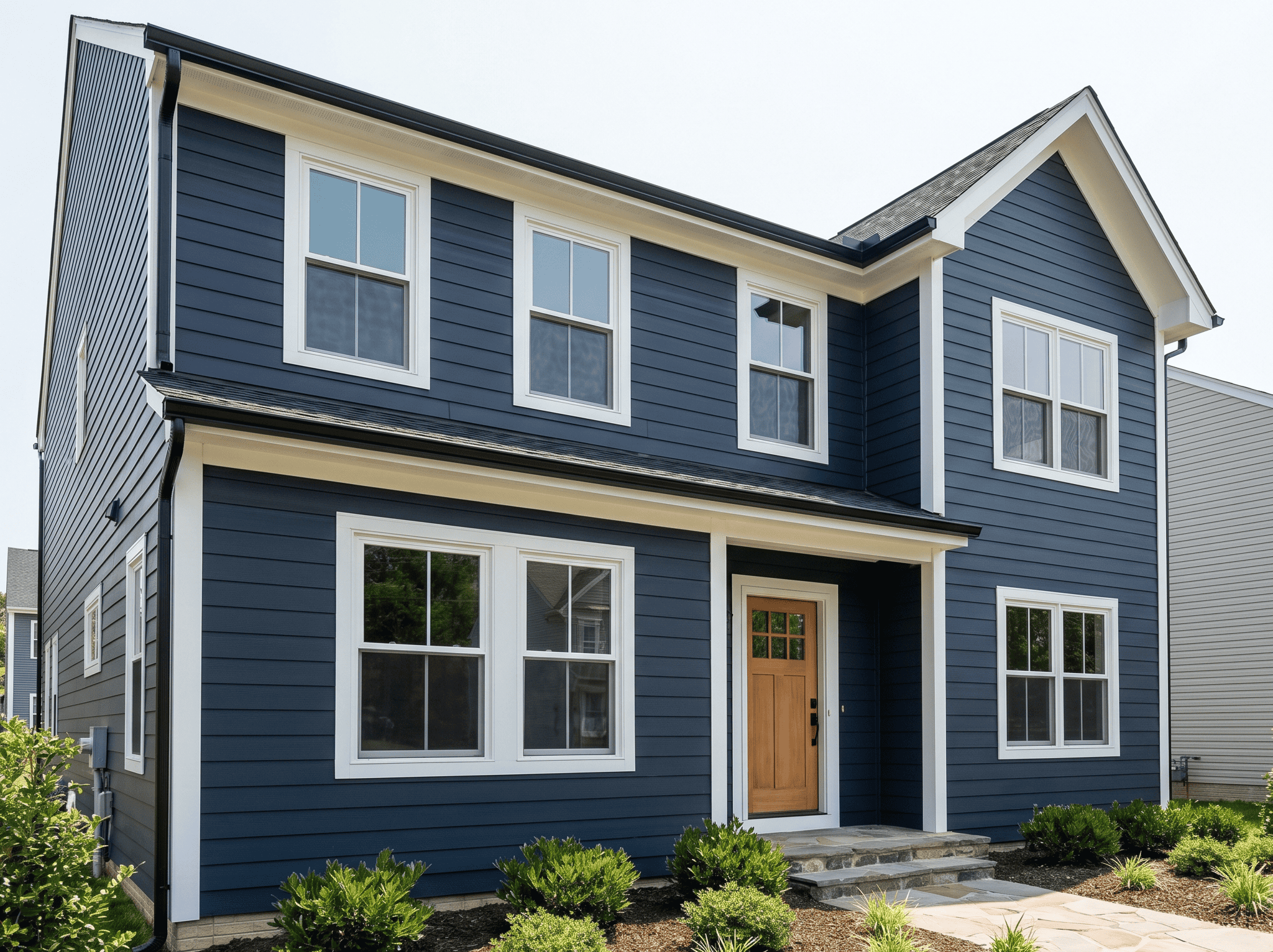 New blue house with white trim and large windows, showcasing contemporary residential design.