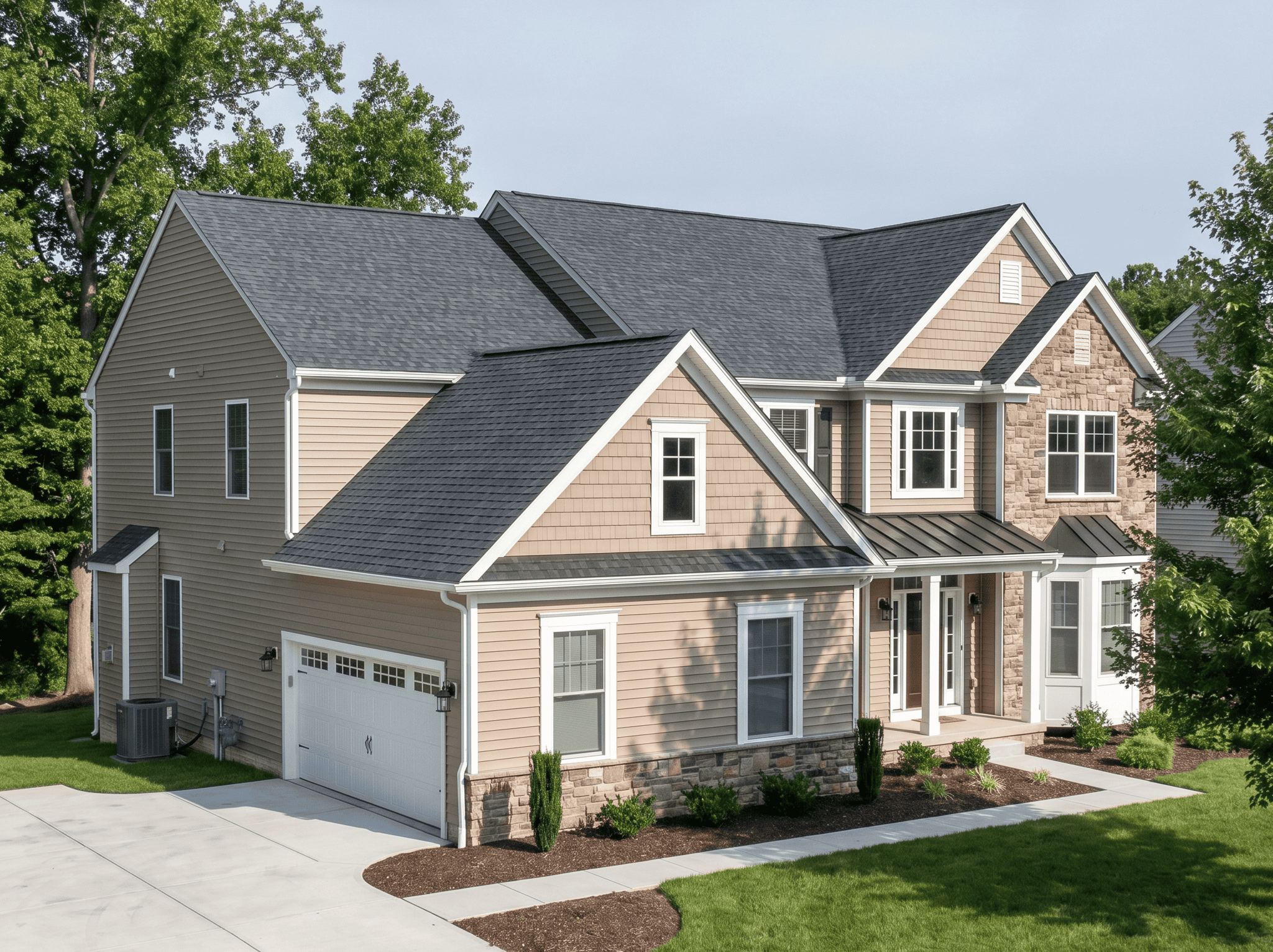 Beautiful two-story house with beige siding, stone accents, and a well-maintained lawn.