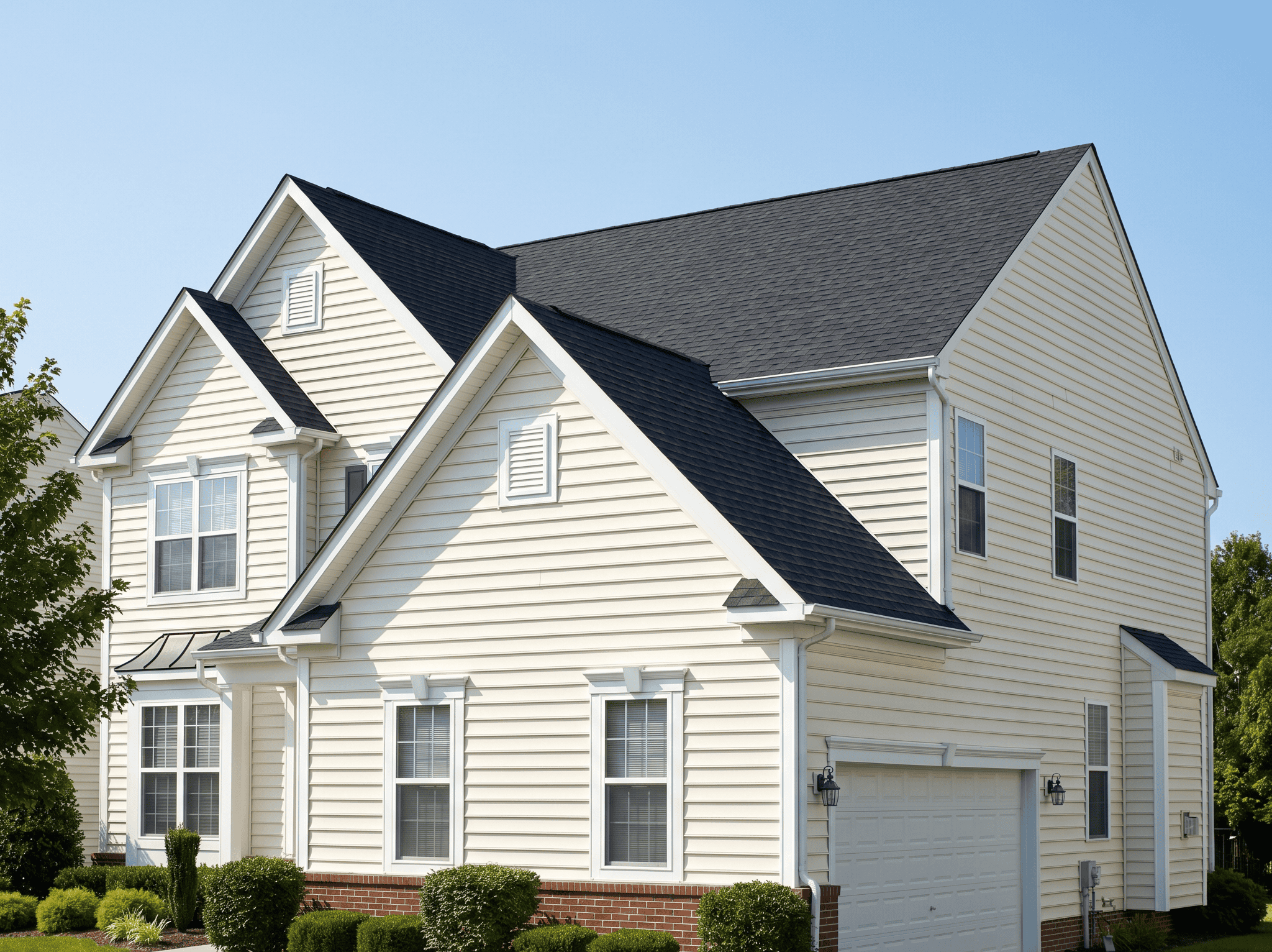 White house with black roof and garage.