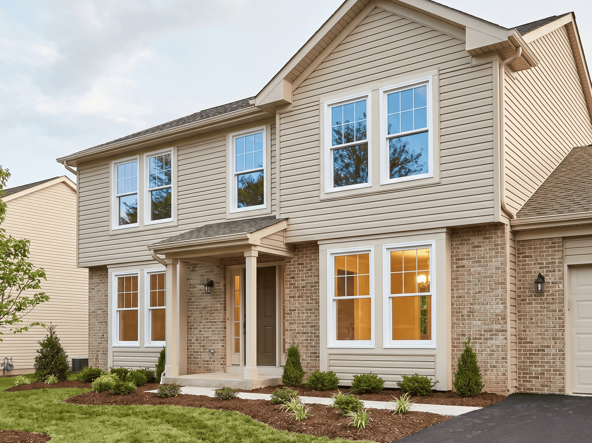 Modern suburban house with beige siding and brick accents Beautiful two-story house with beige siding, large windows, and a well-maintained front yard.