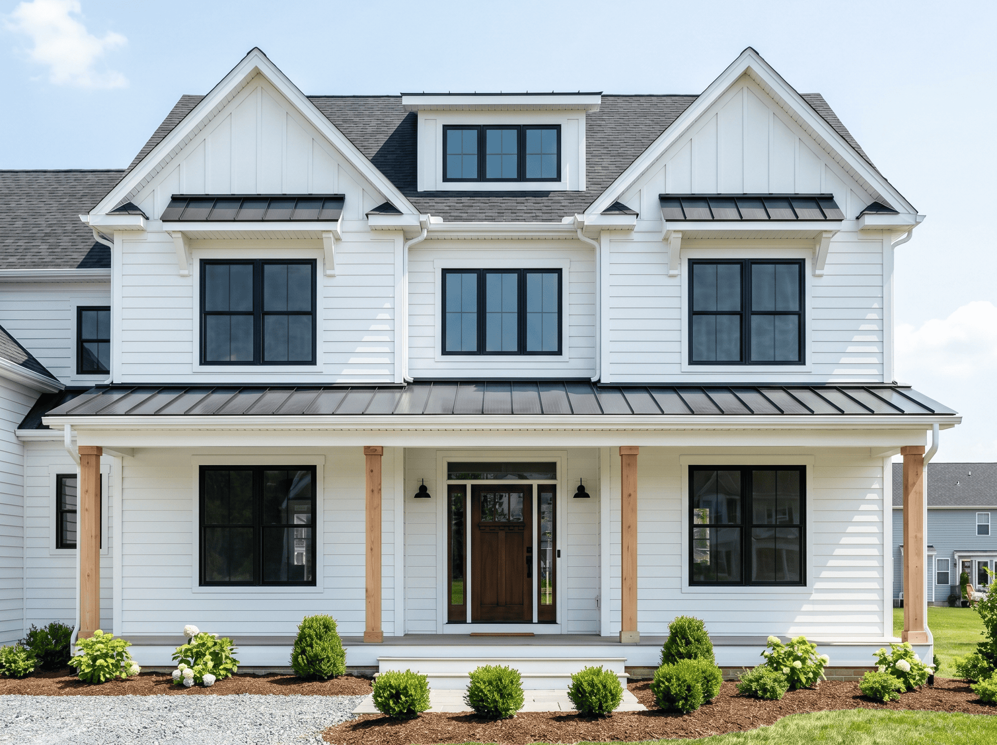 Beautiful modern white house with black window frames and a front porch.