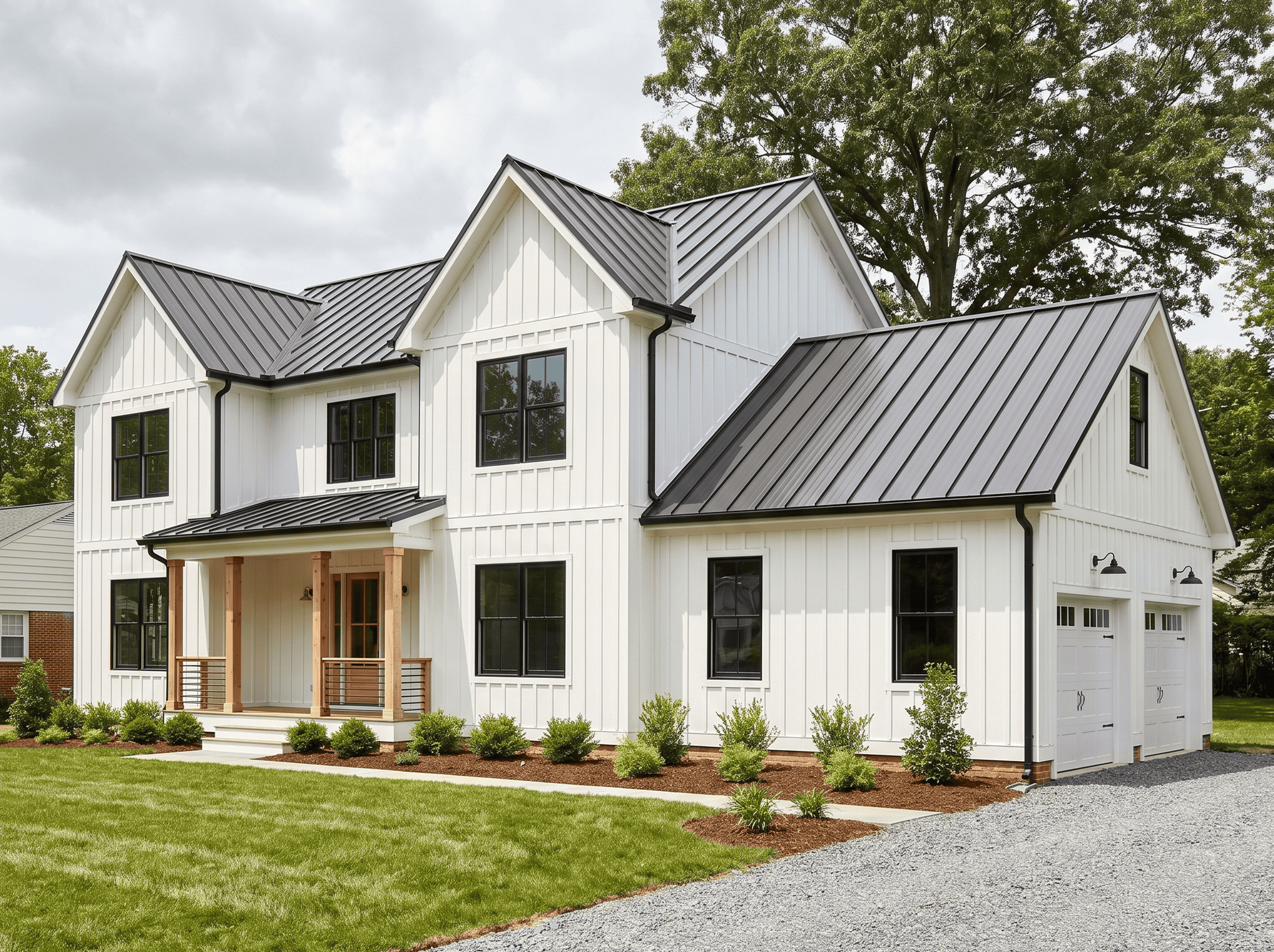 Modern Farmhouse Exterior Beautiful modern farmhouse with white siding and black metal roof. Perfect for a stylish, durable ho.