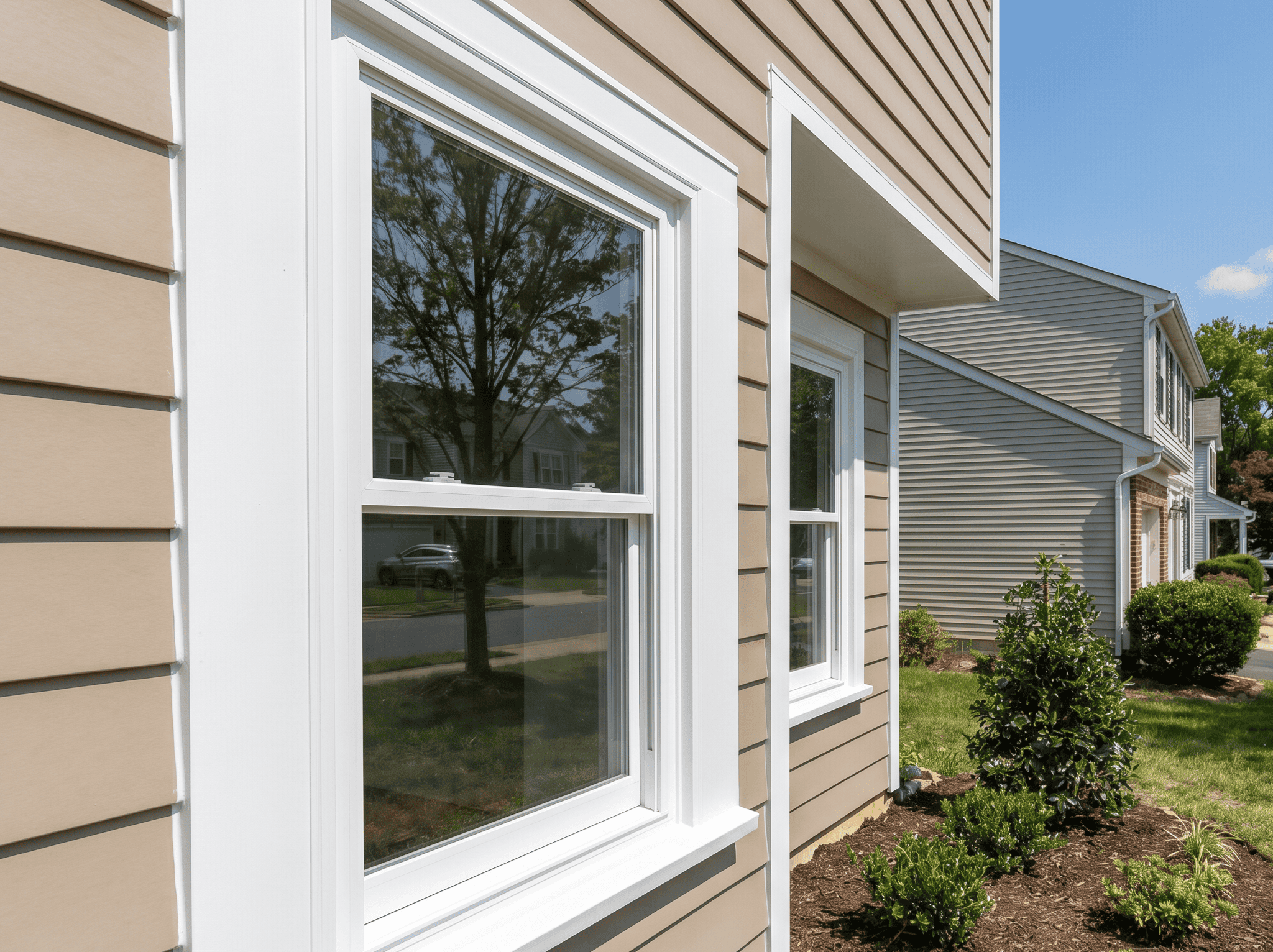 New Siding Installation Beautiful new siding on a modern residential home. Enhances curb appeal and provides durable protect.