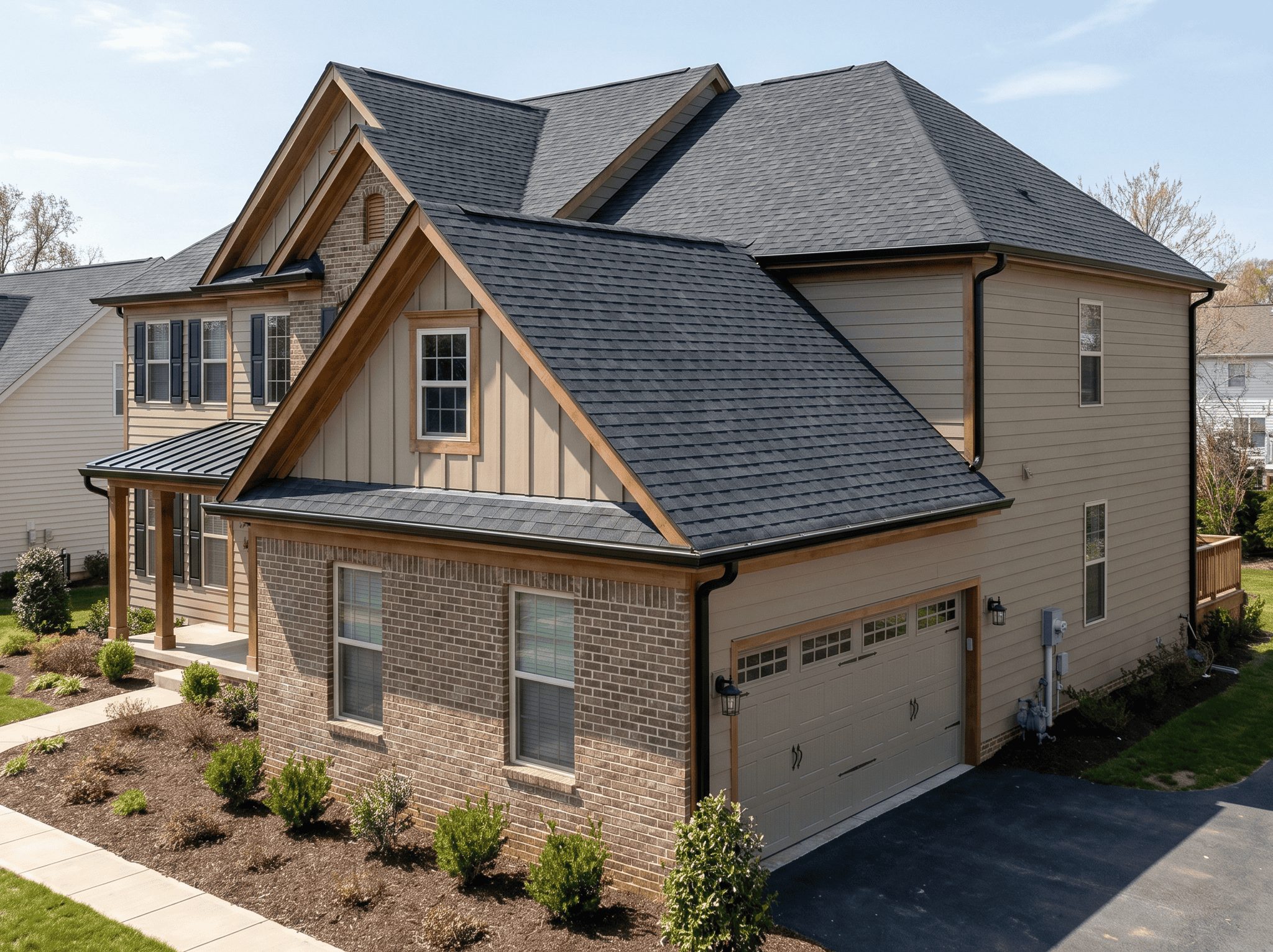Modern House Exterior House with new roofing and siding installation.