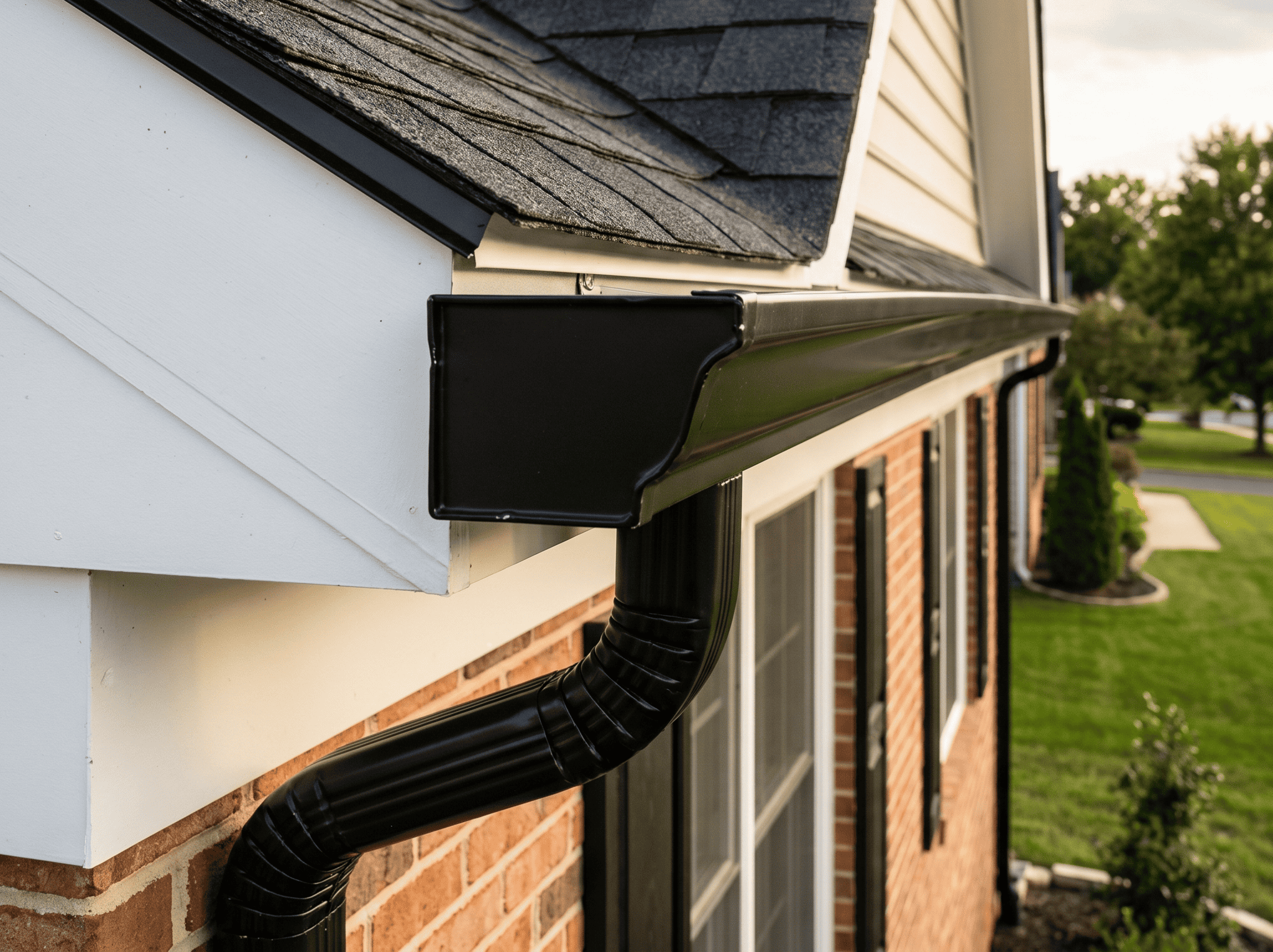 Close-up of black gutter and downspout on house exterior, showing proper drainage setup.