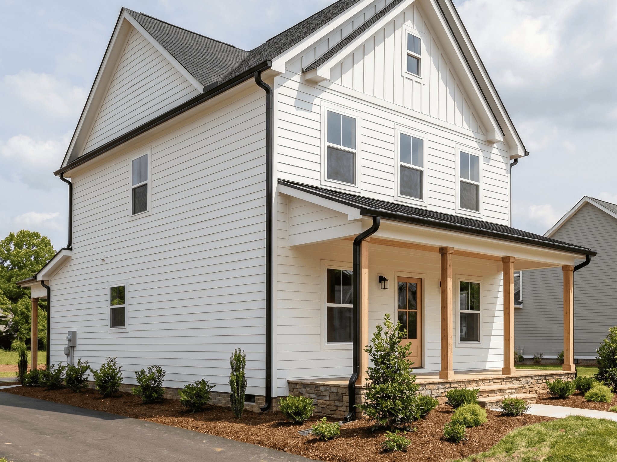 Modern White House Exterior White house with black roof and wooden porch, showcasing contemporary residential design.