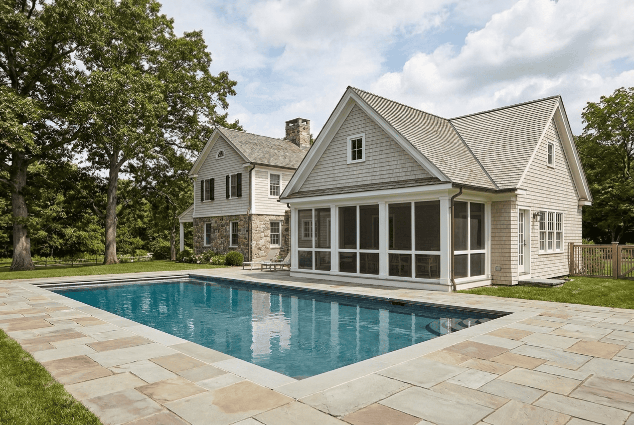 Backyard Pool Renovation Beautiful backyard with a modern swimming pool and spacious patio area.
