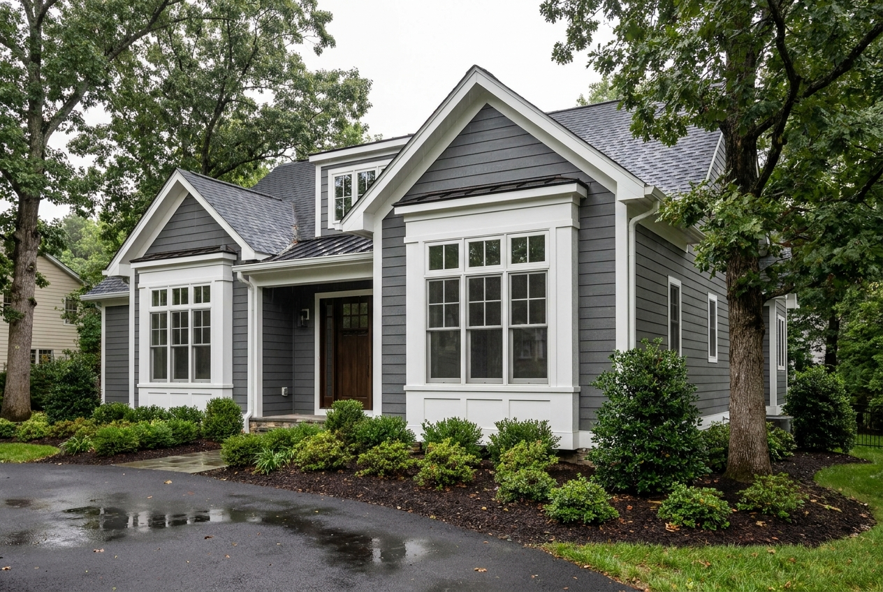 Modern House Exterior Beautiful modern house with gray siding and white trim, surrounded by lush greenery.