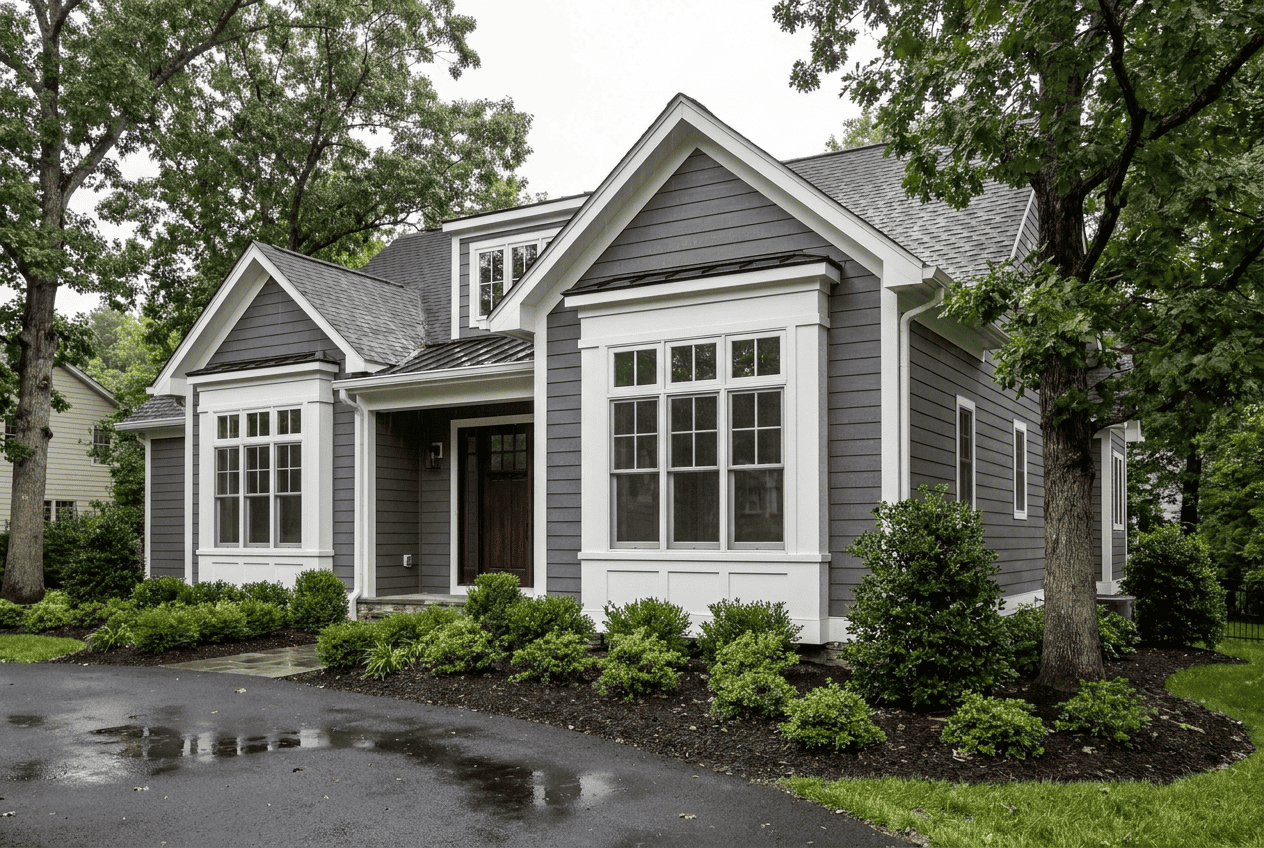 Beautiful modern house with gray siding and white trim, surrounded by lush greenery.
