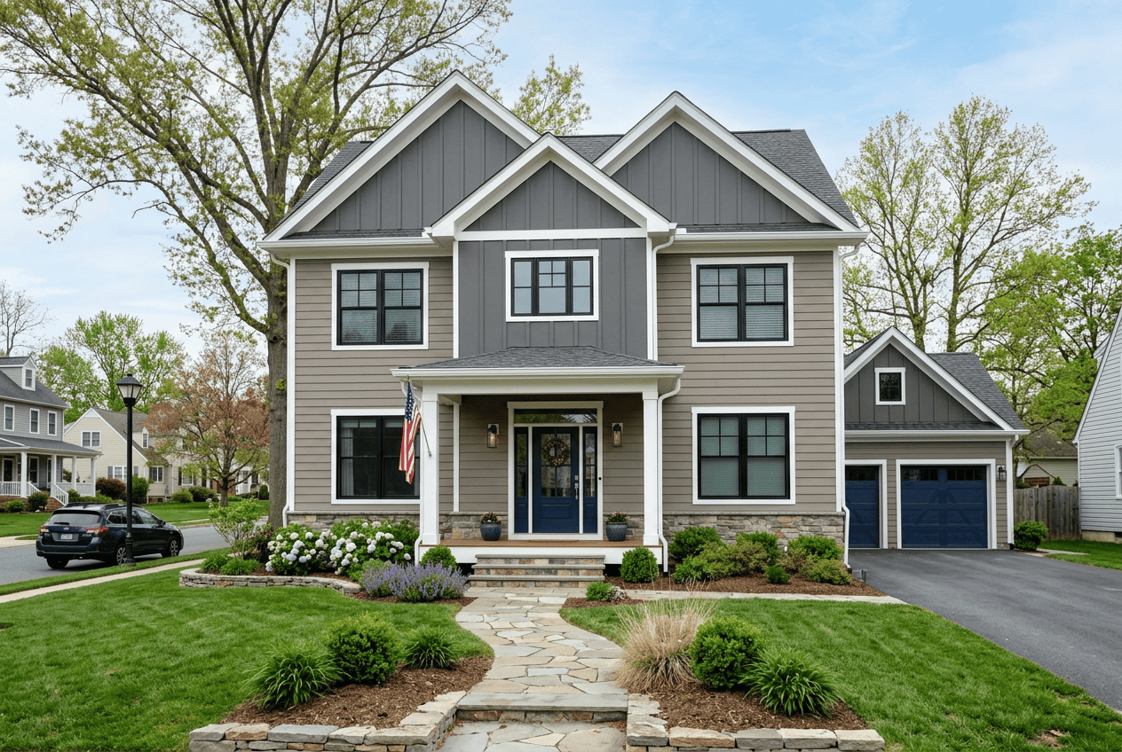 Beautiful modern family home with gray siding, white trim, and a well-maintained front yard.