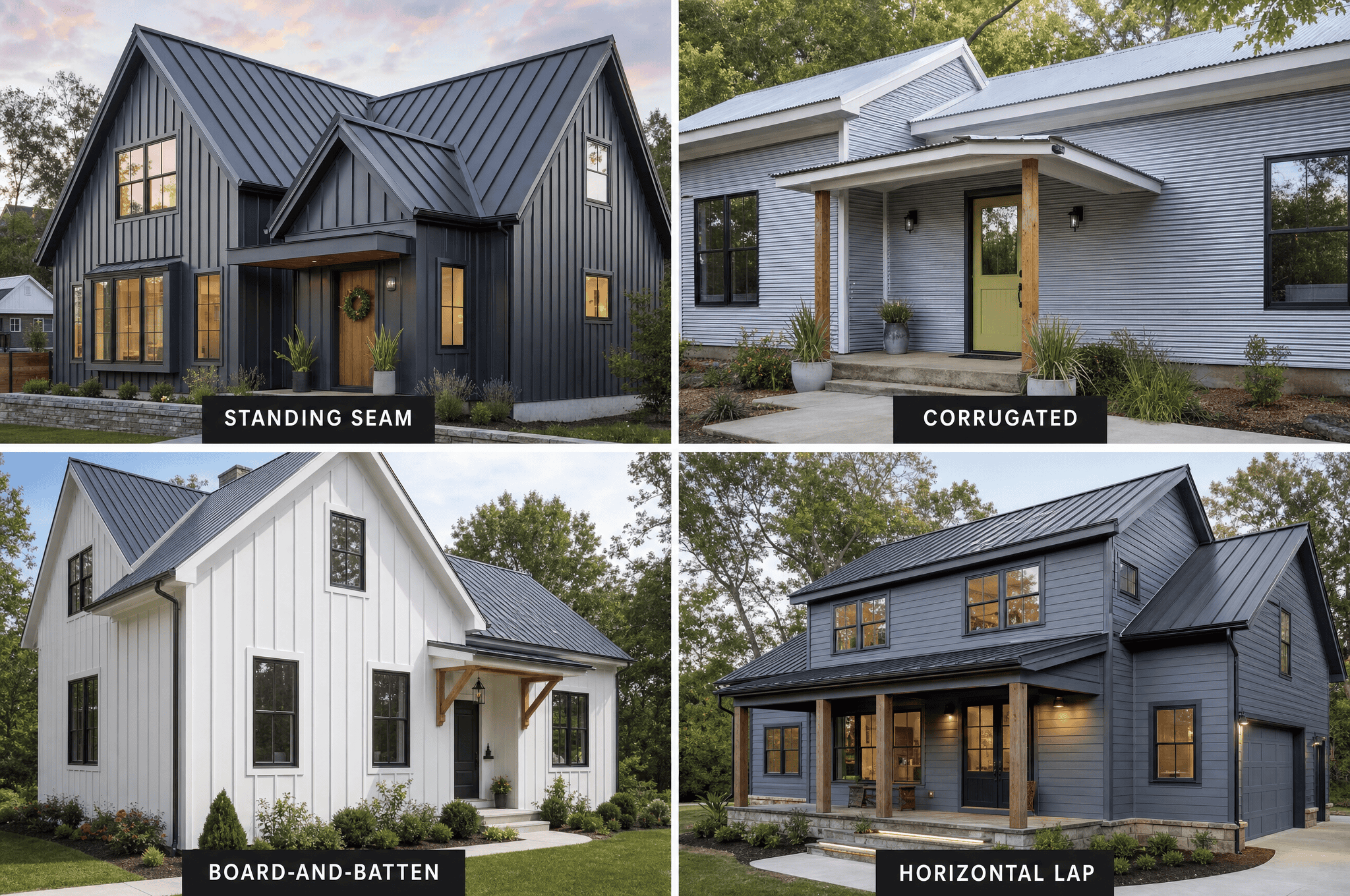 Images of modern house exteriors with various siding styles and roof designs.