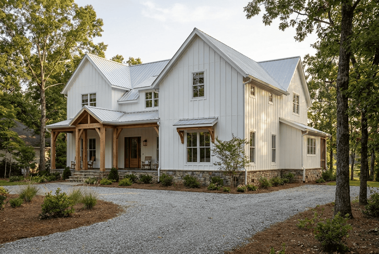 Beautiful modern white house with wooden porch and surrounded by trees.