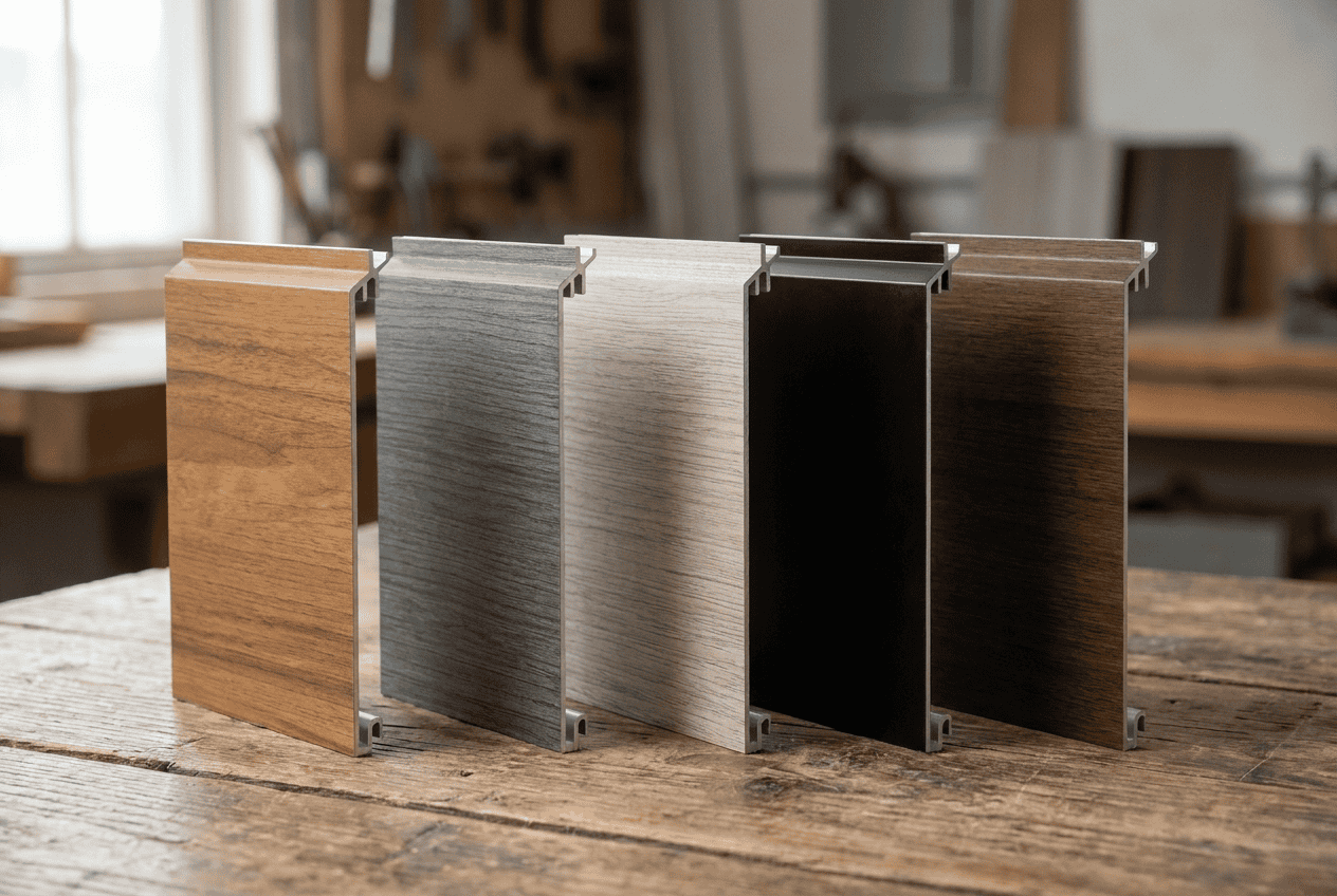 Variety of wood and metal samples for renovation projects on a wooden table.